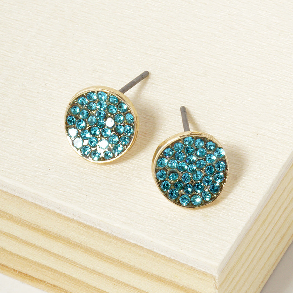 Aqua Crystal Pave Round Disc Stud Earrings