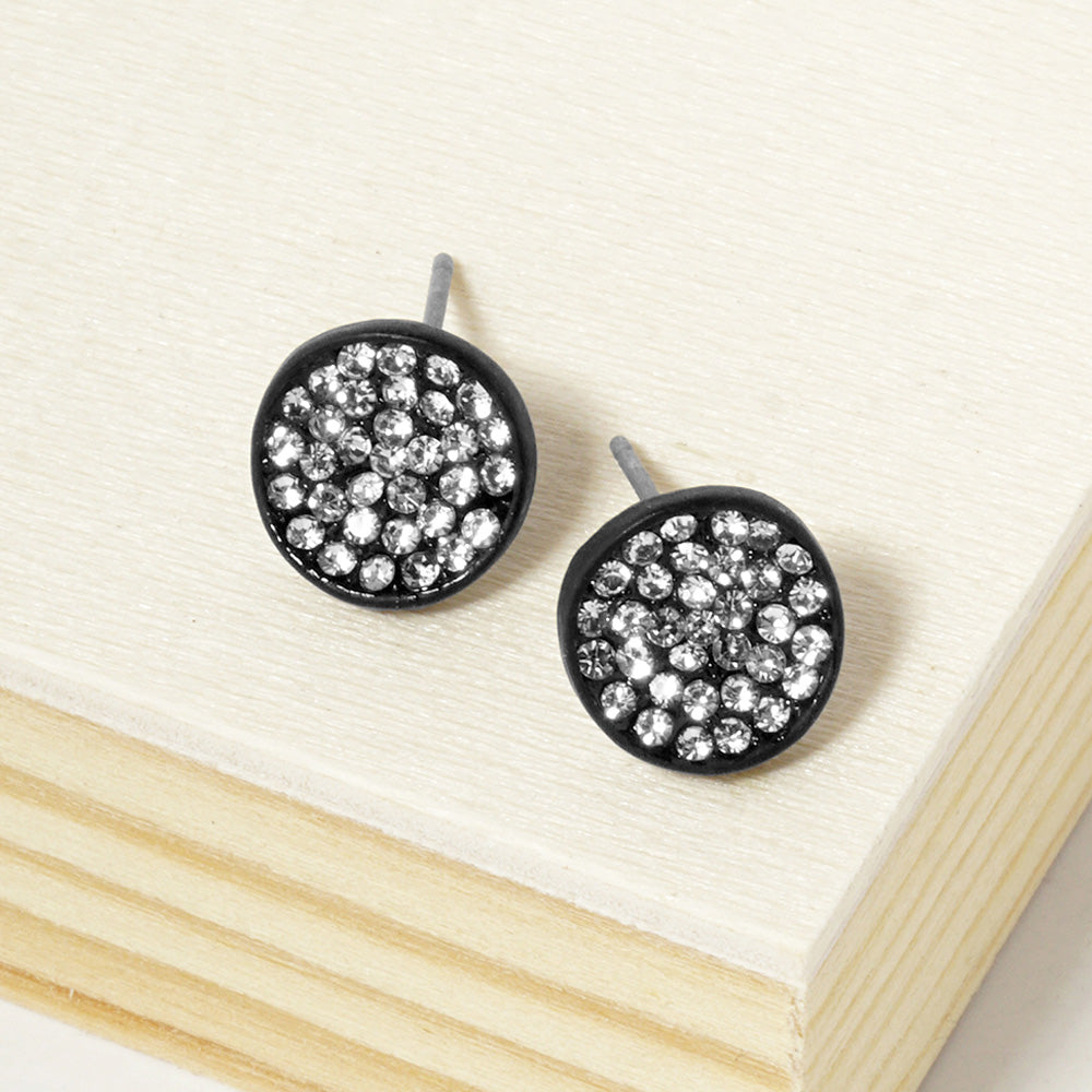Black, Clear Crystal Pave Round Disc Stud Earrings