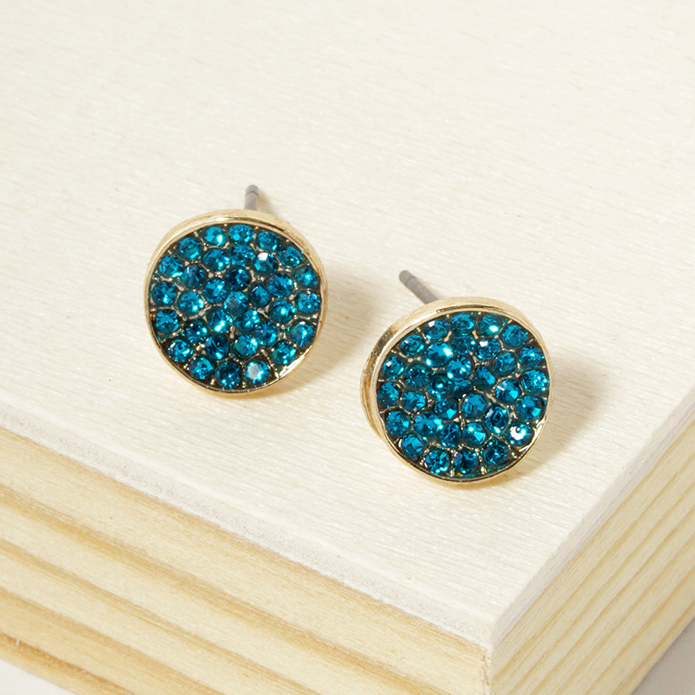 Blue Zircon Crystal Pave Round Disc Stud Earrings