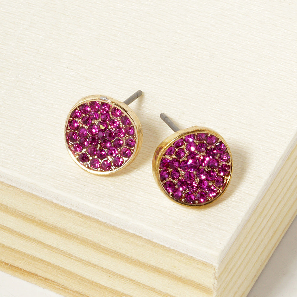 Fuchsia Crystal Pave Round Disc Stud Earrings