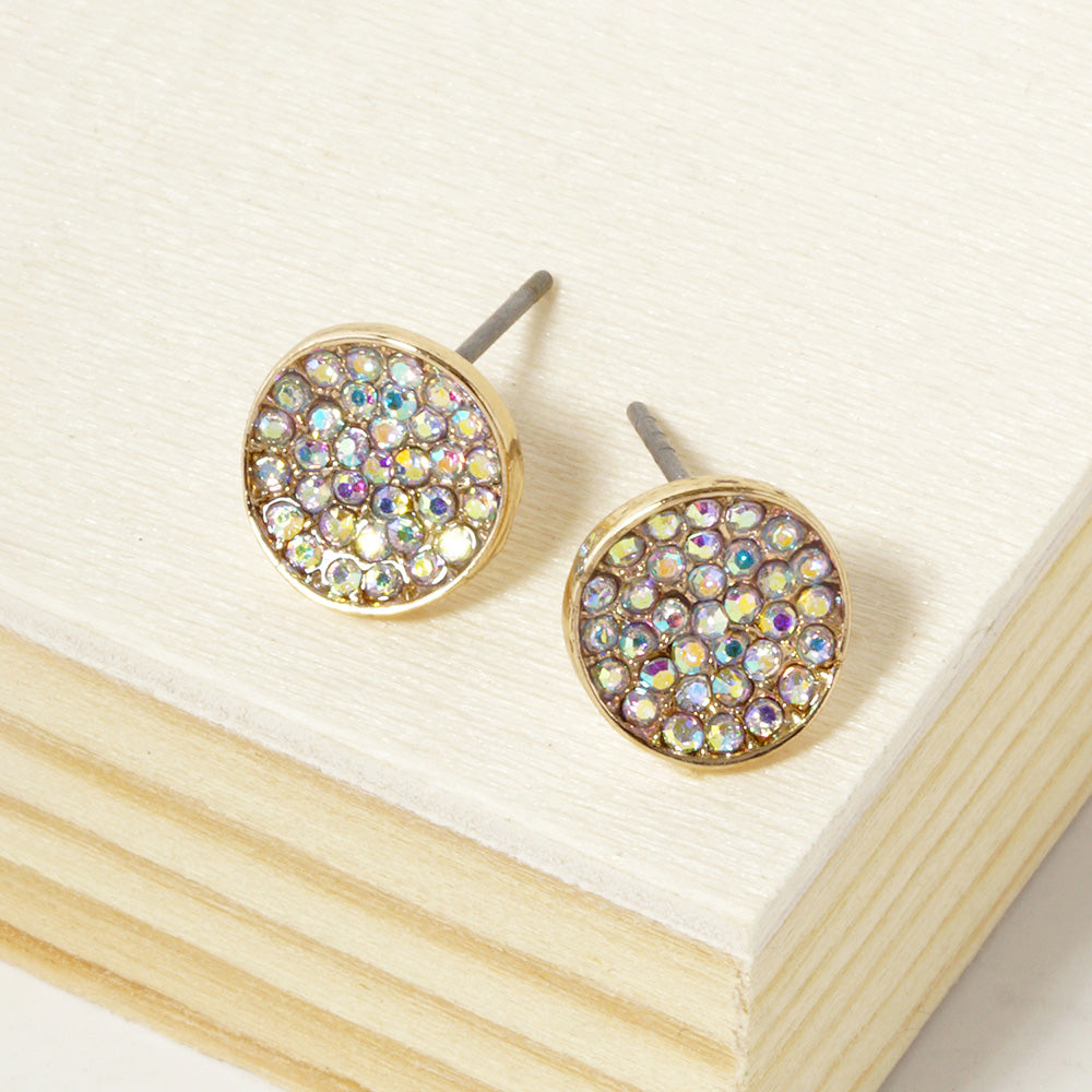 AB, Gold Crystal Pave Round Disc Stud Earrings