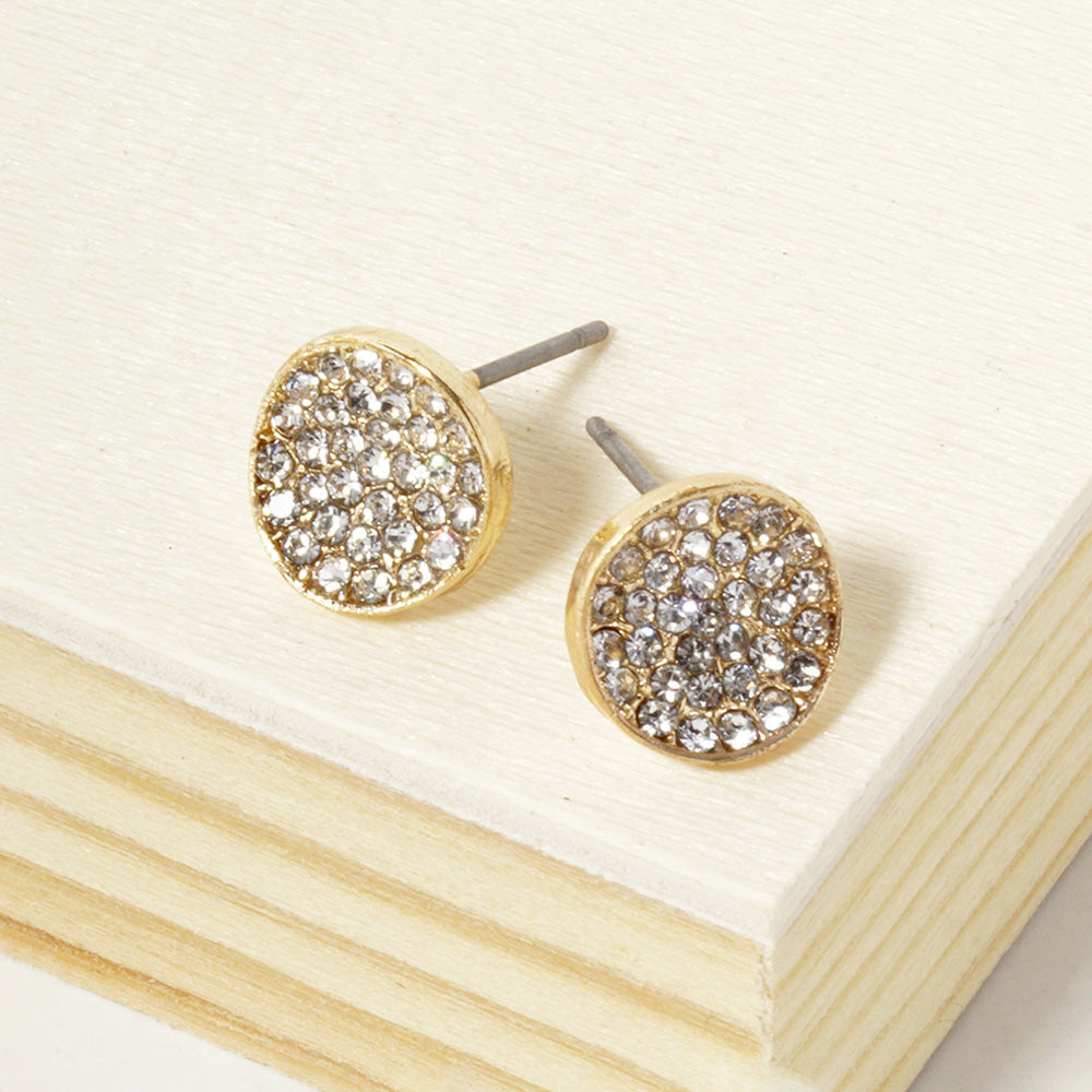 Madeline Love Clear, Gold Crystal Pave Round Disc Stud Earrings