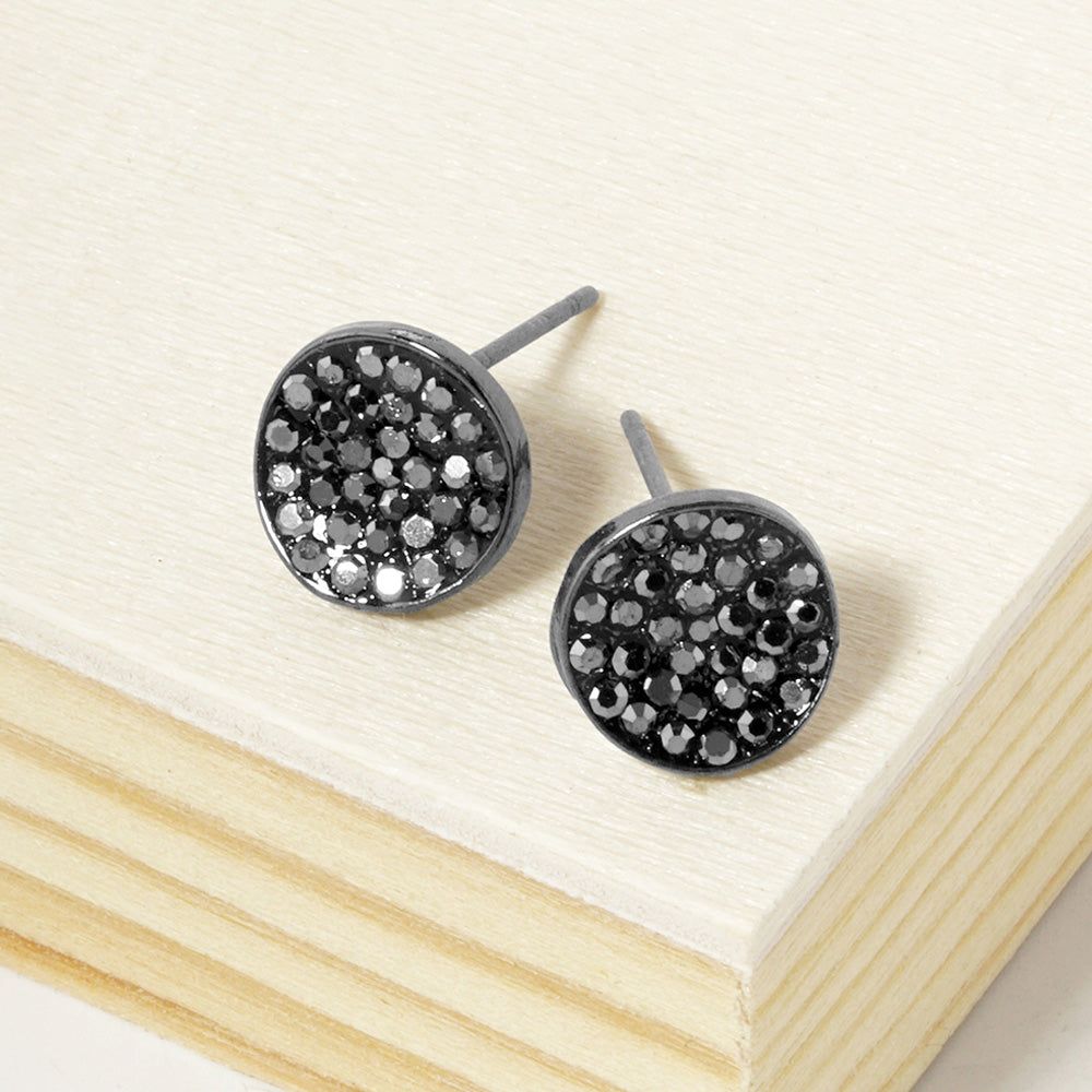 Hematite Crystal Pave Round Disc Stud Earrings