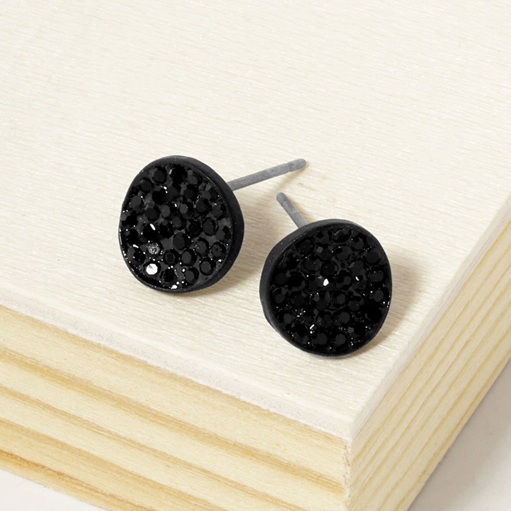 Jet Black Crystal Pave Round Disc Stud Earrings