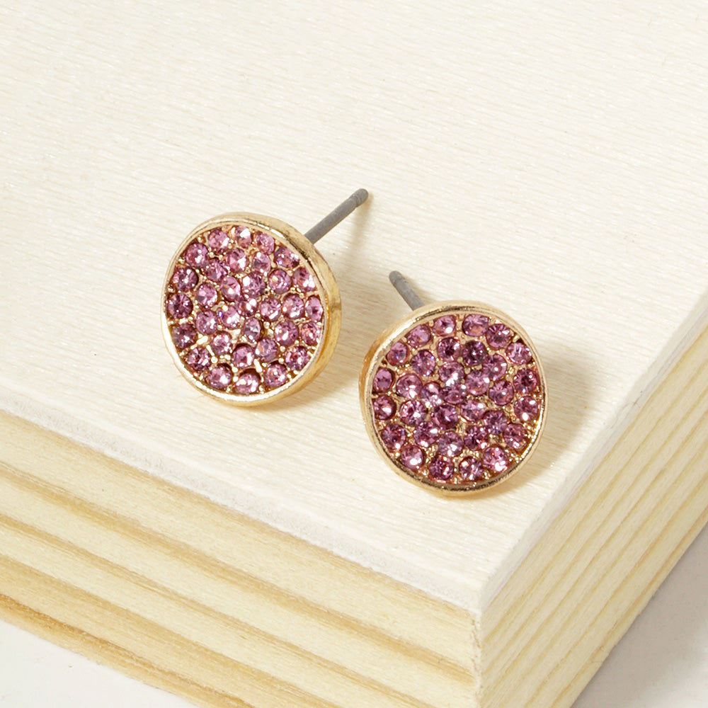 Lt Rose Crystal Pave Round Disc Stud Earrings