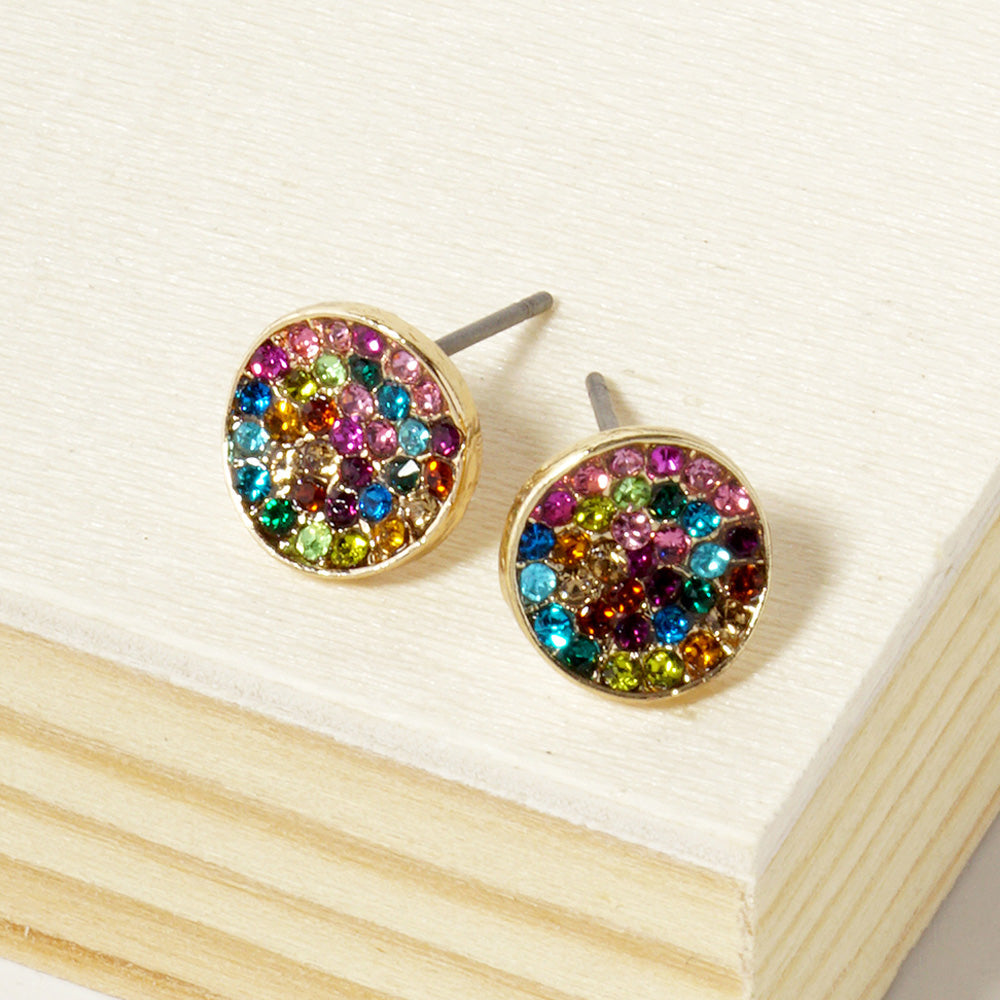Multi Crystal Pave Round Disc Stud Earrings