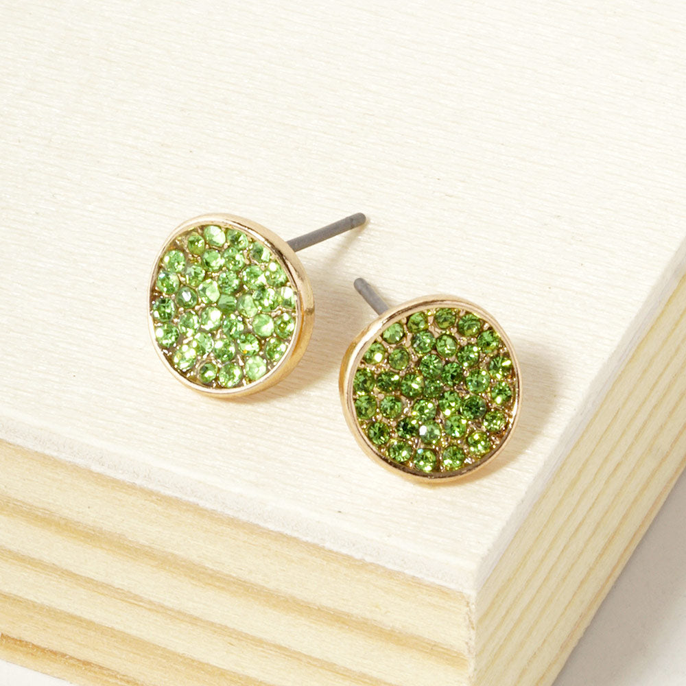 Peridot Crystal Pave Round Disc Stud Earrings