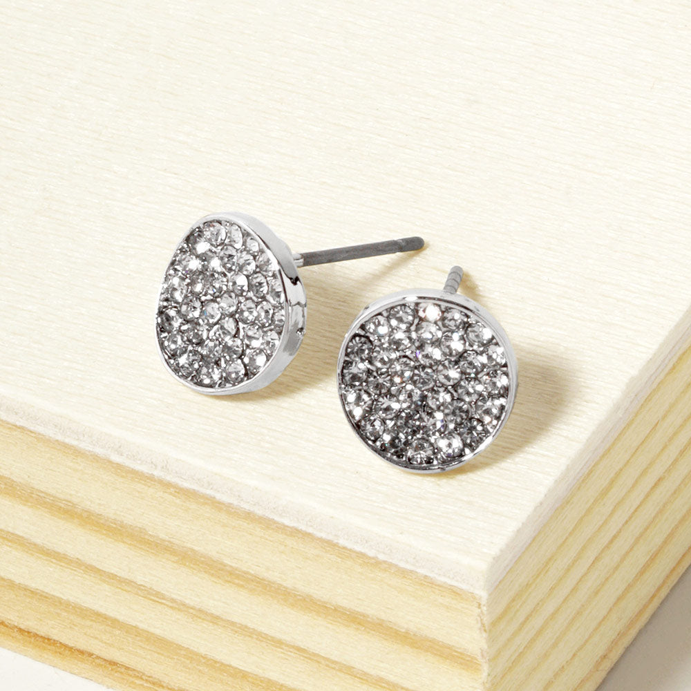 Clear, Rhodium Crystal Pave Round Disc Stud Earrings