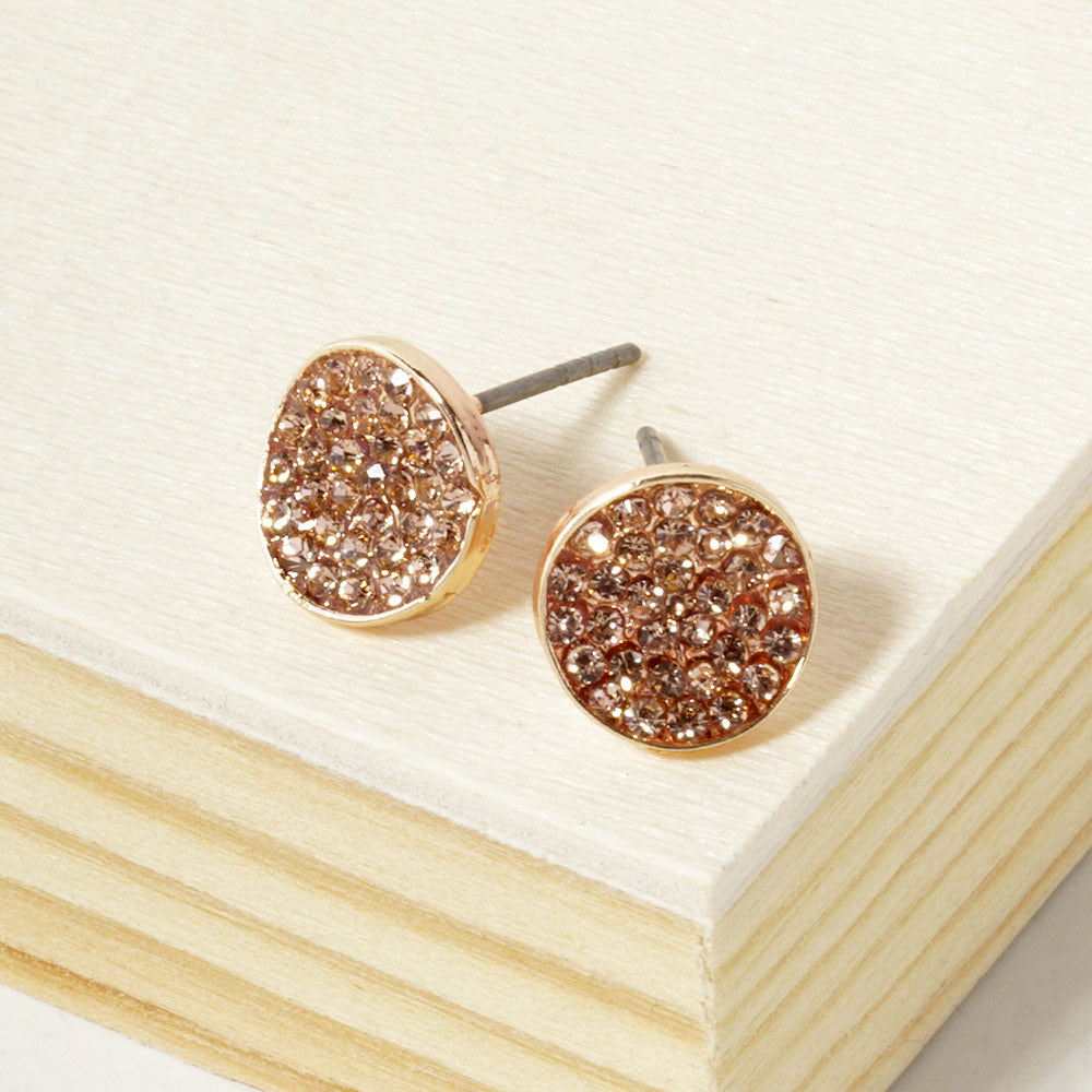 Peach, Rose Gold Crystal Pave Round Disc Stud Earrings