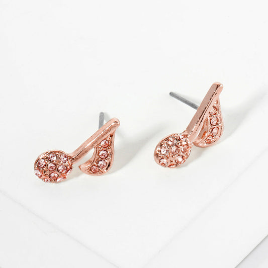 Peach, Rose Gold Stone Paved Musical Note Stud Earrings