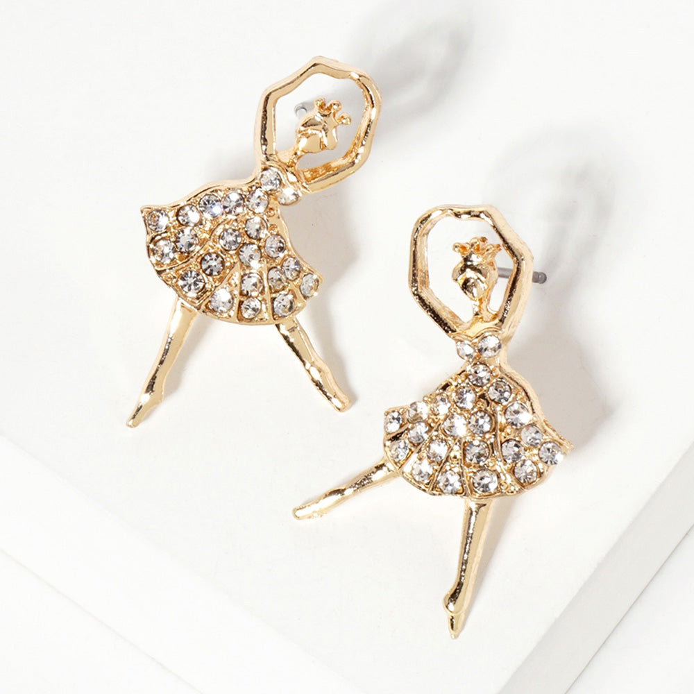 Madeline Love Clear, Gold Crystal Paved Ballerina Stud Earrings