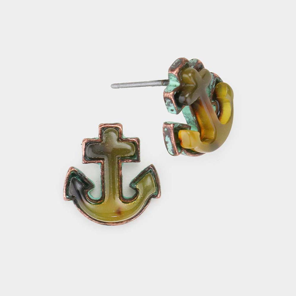 Patina Verdigris Celluloid Acetate Anchor Stud Earrings