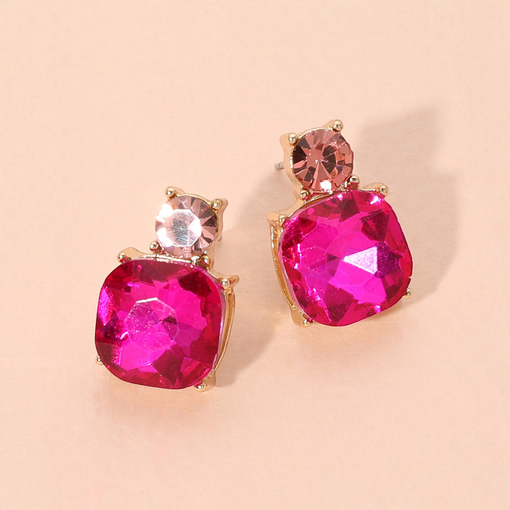 Madeline Love Fuchsia, Gold Double Cushion Cut Gem Stud Earrings