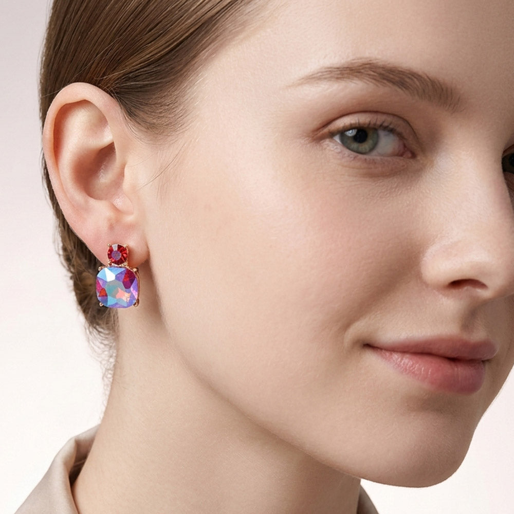 Madeline Love AB, Pink Double Cushion Cut Gem Stud Earrings