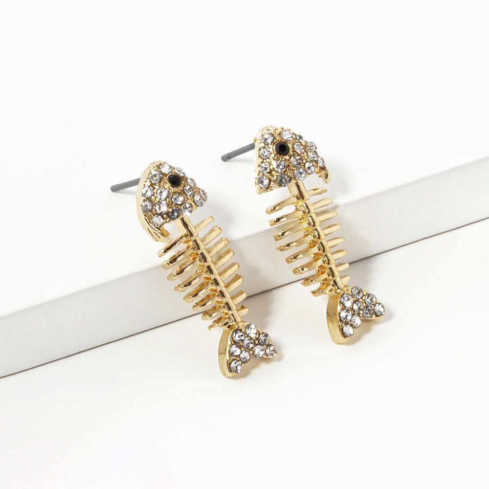 Madeline Love Clear, Gold Rhinestone Crystal Paved Fishbone Stud Earrings