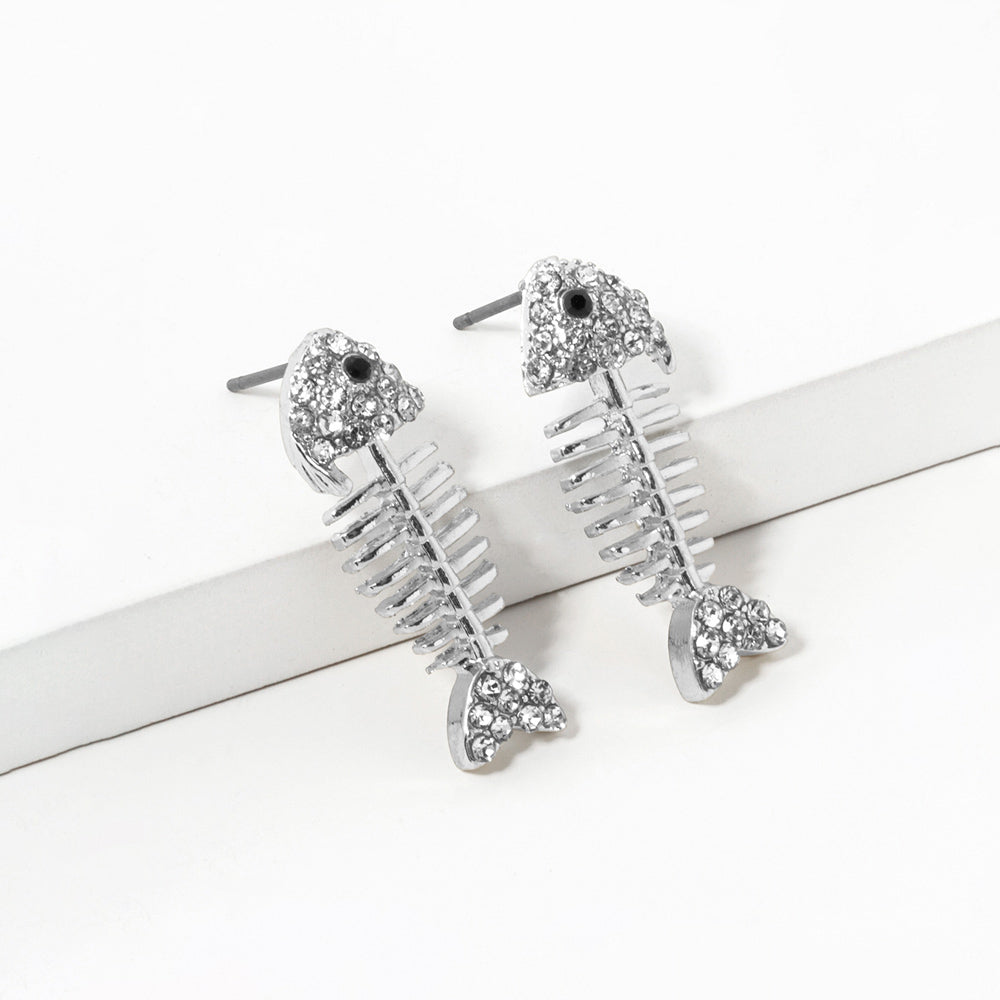 Madeline Love Clear, Rhodium Rhinestone Crystal Paved Fishbone Stud Earrings