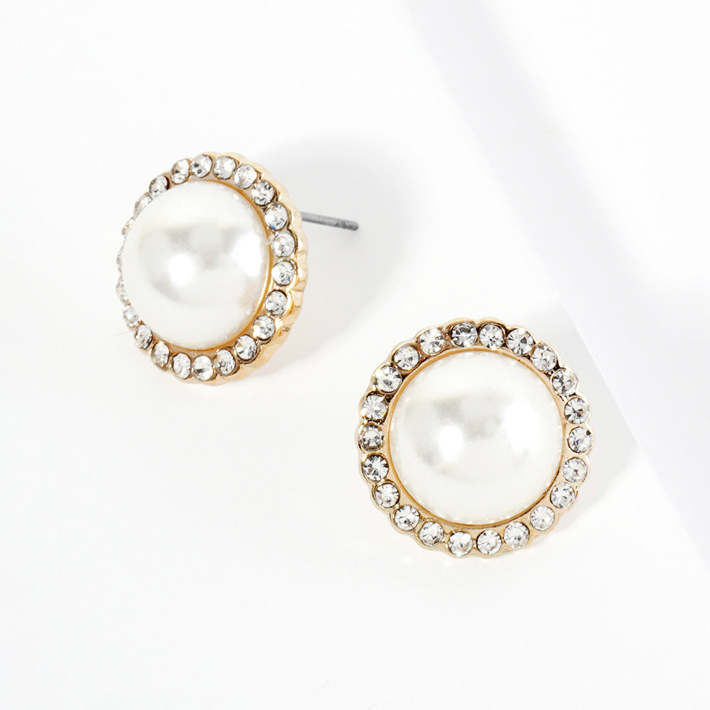 Madeline Love Gold Crystal Paved Rim Pearl Stud Earrings