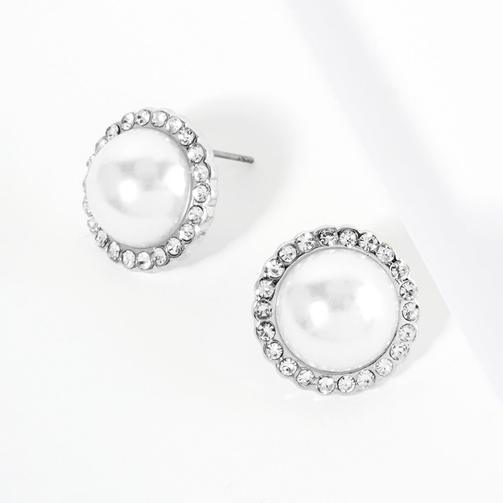 Madeline Love Rhodium Crystal Paved Rim Pearl Stud Earrings