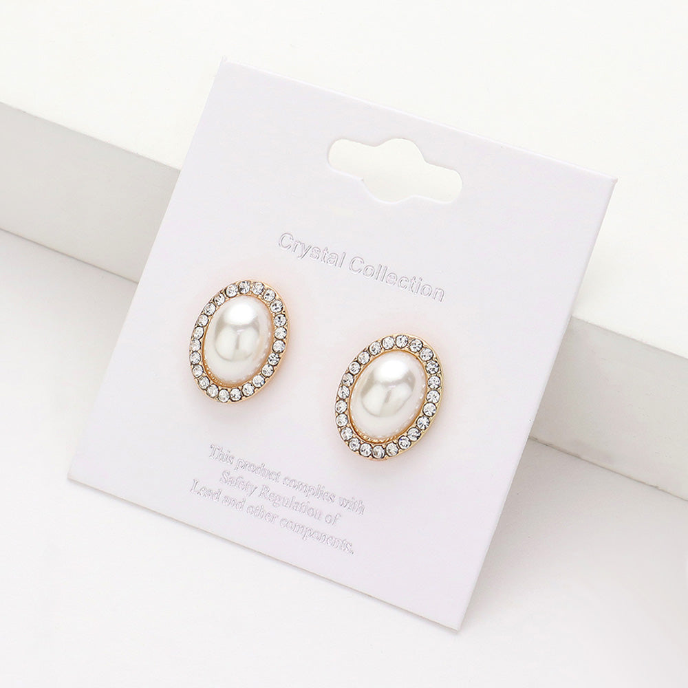 Clear, Cream, Gold Pearl Centered Rhinestone Trimmed Stud Earrings