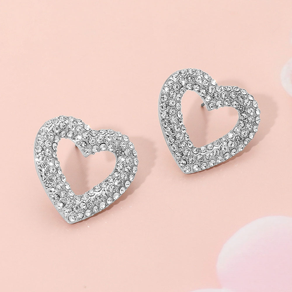 Madeline Love Clear, Silver Stone Paved Open Heart Stud Earrings