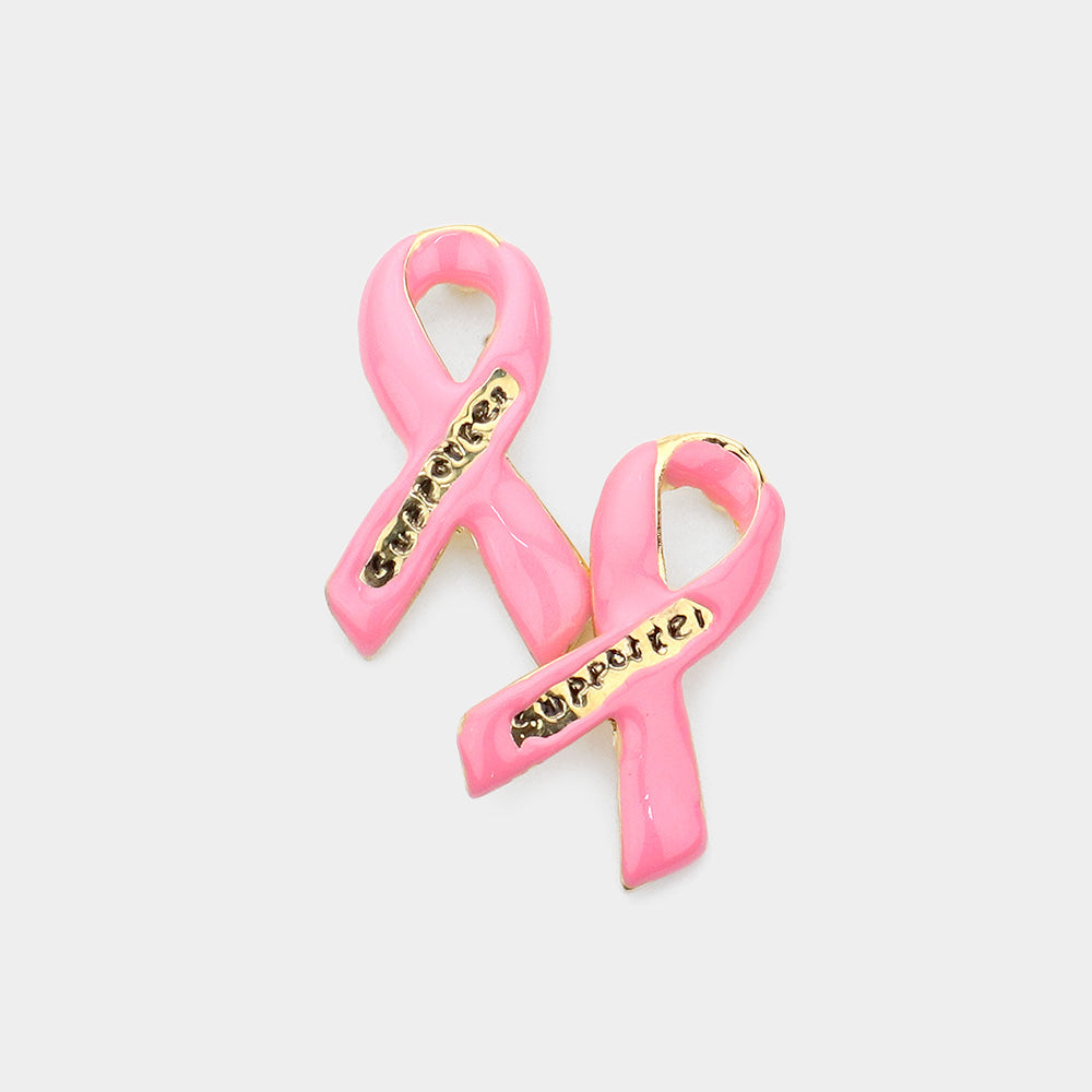 Madeline Love Gold Enamel Pink Ribbon Stud Earrings