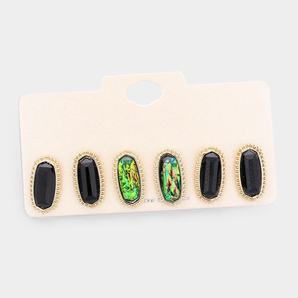 Madeline Love Black 3Pairs - Gold Trim Hexagon Bead Stud Earrings
