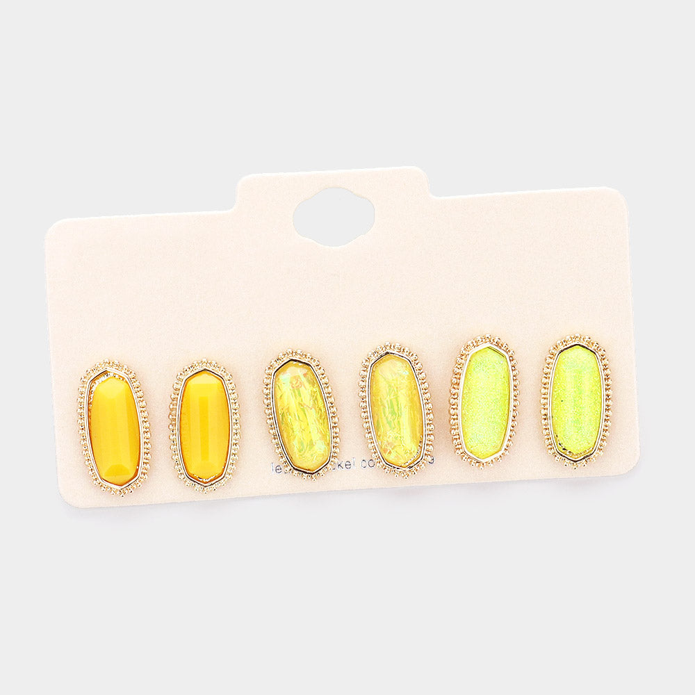 Madeline Love Yellow 3Pairs - Gold Trim Hexagon Bead Stud Earrings