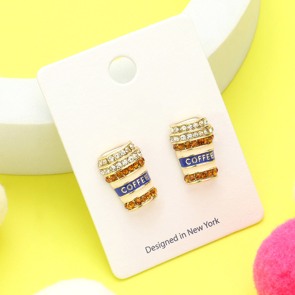 Madeline Love Gold, Multi Stone Paved Enamel Coffee Tumbler Cup Stud Earrings