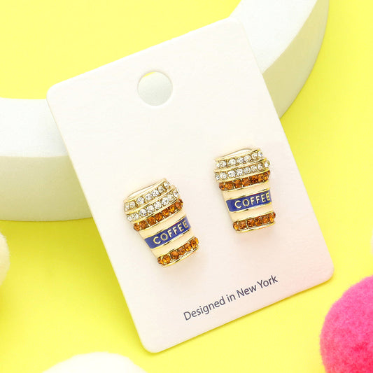 Madeline Love Gold, Multi Stone Paved Enamel Coffee Tumbler Cup Stud Earrings