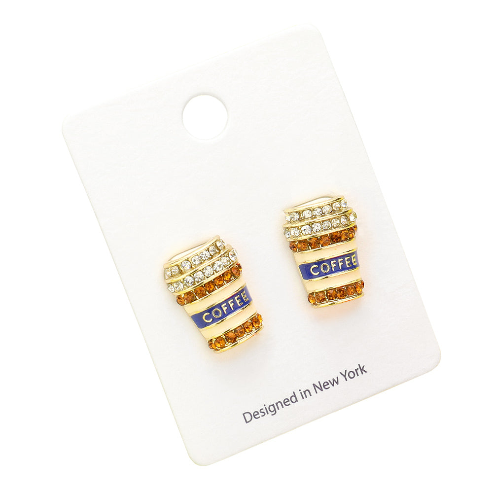 Madeline Love Gold, Multi Stone Paved Enamel Coffee Tumbler Cup Stud Earrings - desc