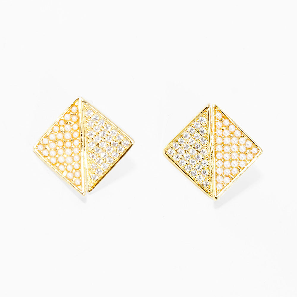 Madeline Love Cream, Gold Gold Dipped CZ Pearl Embellished Geometric Stud Earrings