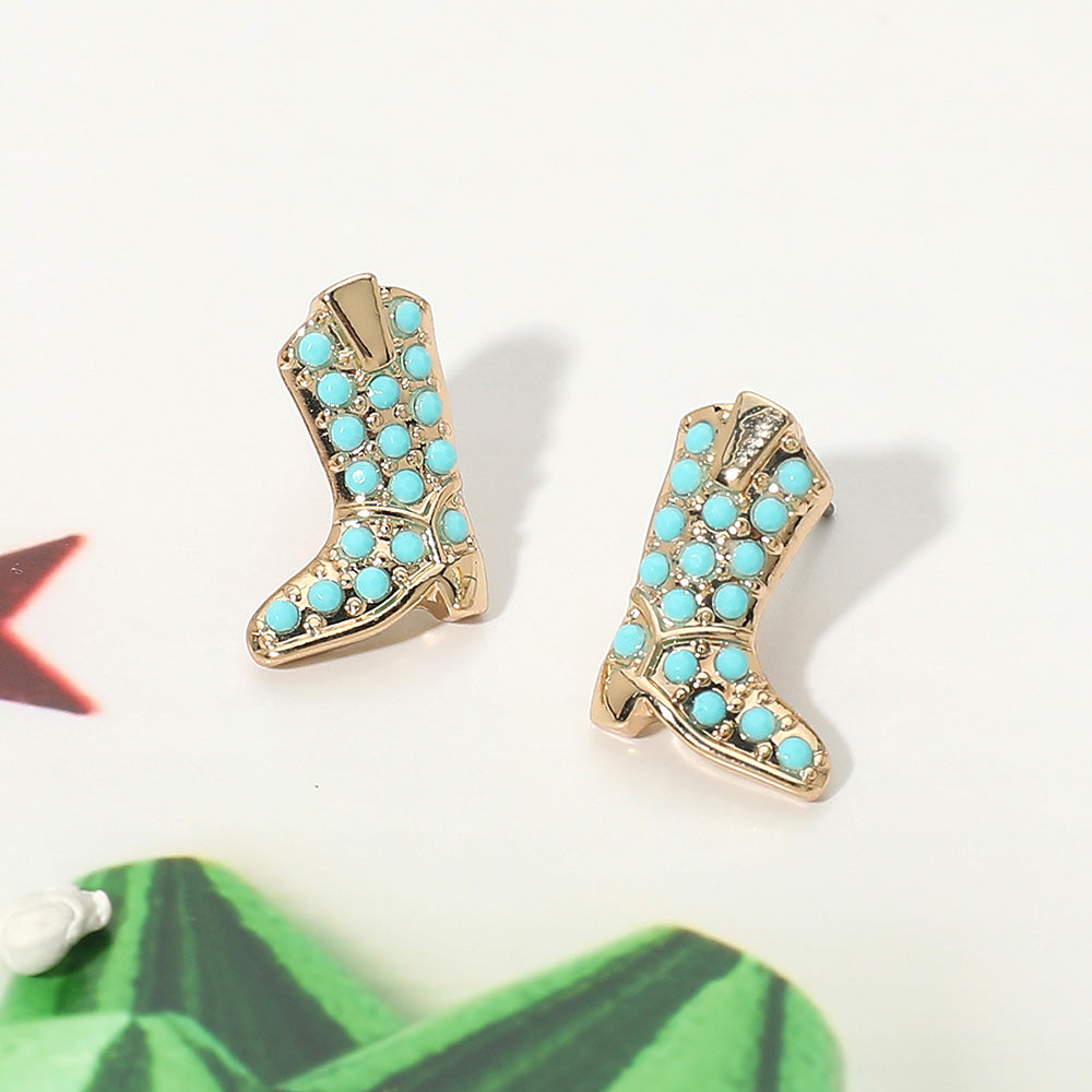 Madeline Love Gold, Turquoise Stone Paved Western Cowboy Boot Stud Earrings