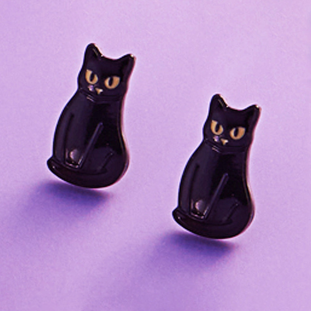 Jet Black Halloween Black Cat Stud Earrings