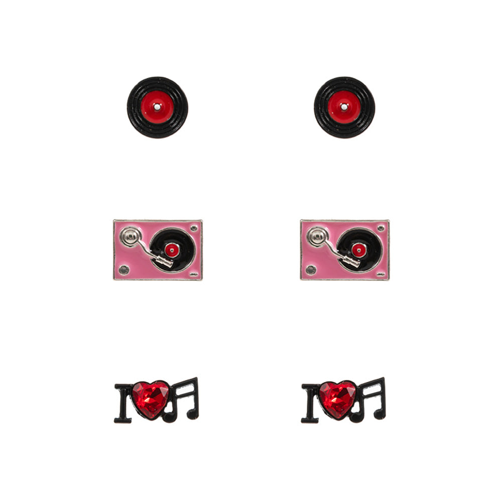 Madeline Love Pink 3PAIRS - Enamel Turn Table Music Stud Earring Set - Earrings - desc