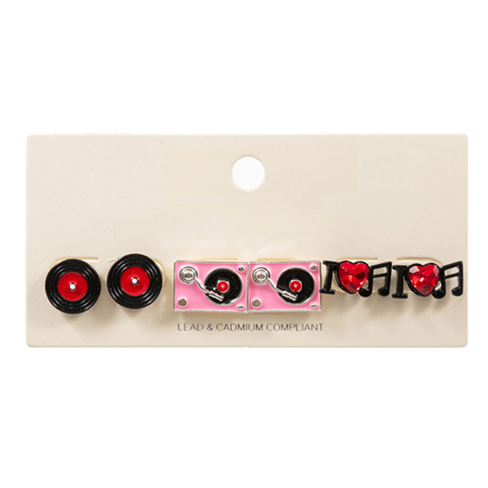 Madeline Love Pink 3PAIRS - Enamel Turn Table Music Stud Earring Set - Earrings - extra