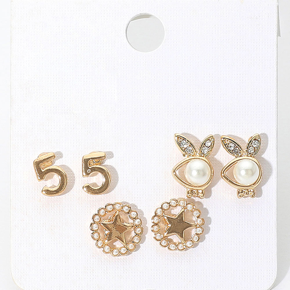 Madeline Love Gold 3Pairs - Pearl Playboy bunny star stud earrings