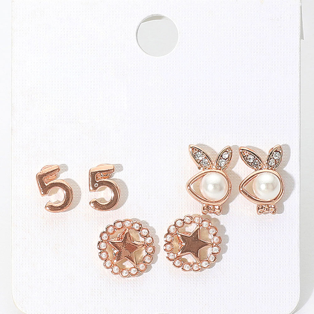 Madeline Love Rose Gold 3Pairs - Pearl Playboy bunny star stud earrings