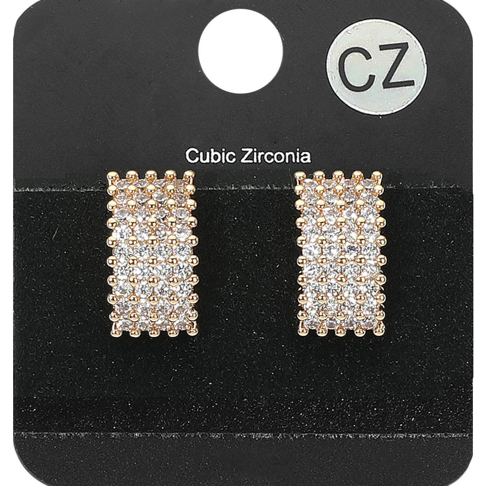 Madeline Love Clear, Gold CZ Stone Paved Rectangle Evening Stud Earrings