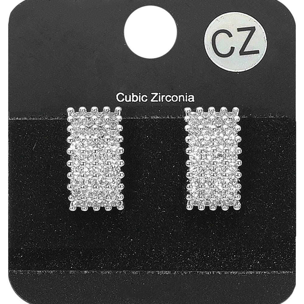 Madeline Love Clear, Rhodium CZ Stone Paved Rectangle Evening Stud Earrings