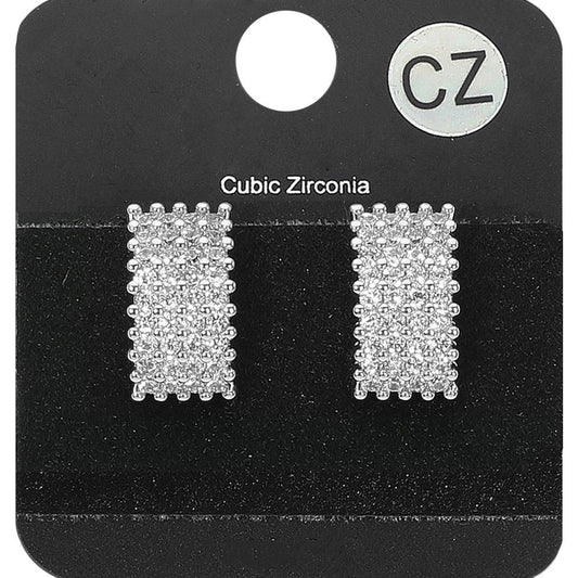 Madeline Love Clear, Rhodium CZ Stone Paved Rectangle Evening Stud Earrings