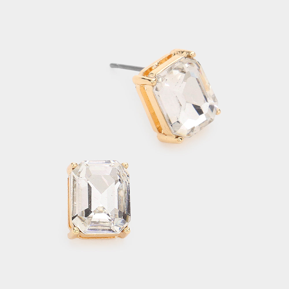 Madeline Love Gold Emerald Cut Stone Stud Evening Earrings