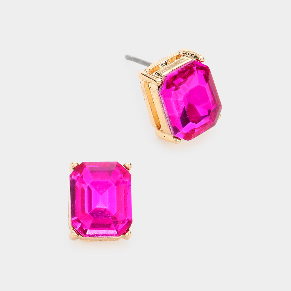 Madeline Love Fuchsia Emerald Cut Stone Stud Evening Earrings