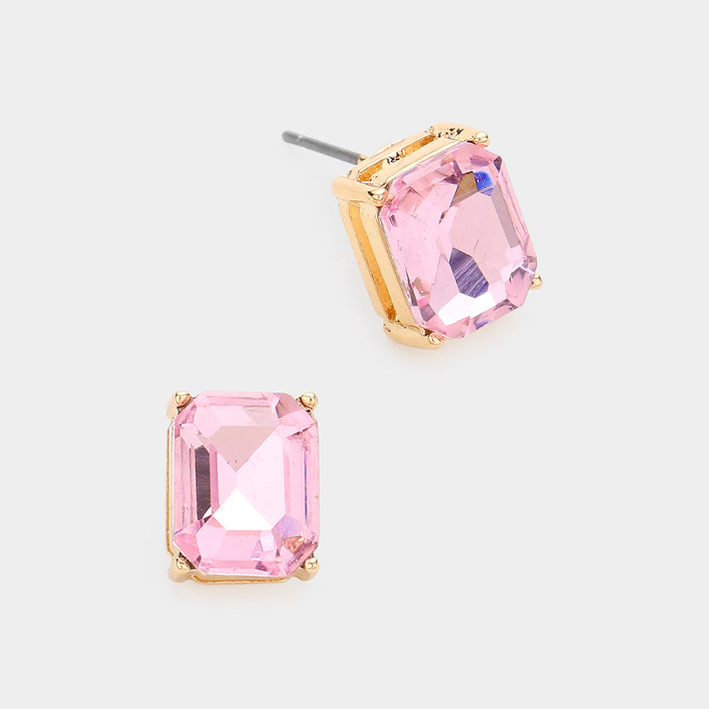 Madeline Love Pink Emerald Cut Stone Stud Evening Earrings