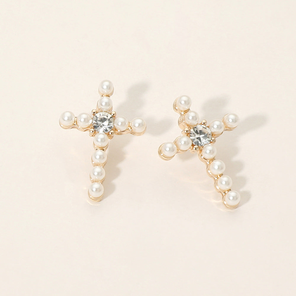 Madeline Love Cream, Gold Rhinestone Center Pearl Beaded Cross Stud Earrings
