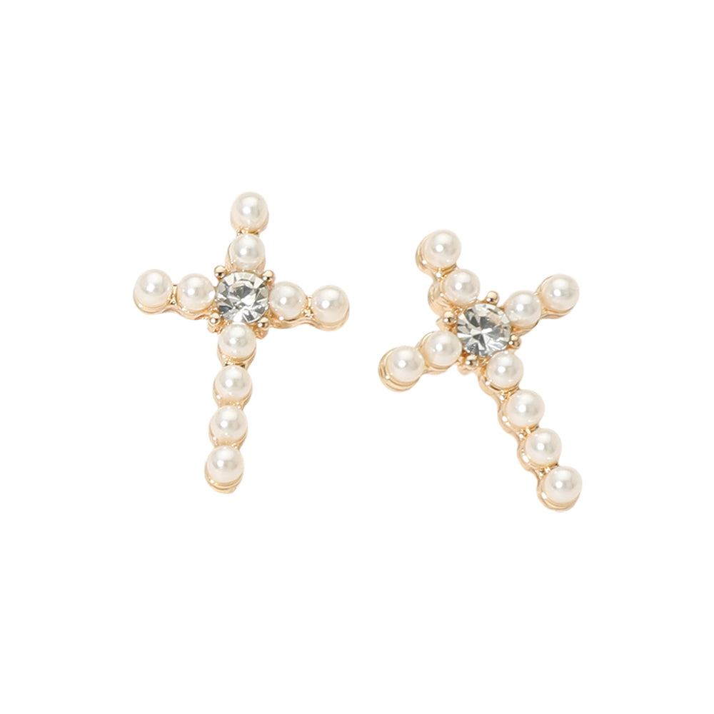 Madeline Love Cream, Gold Rhinestone Center Pearl Beaded Cross Stud Earrings - desc