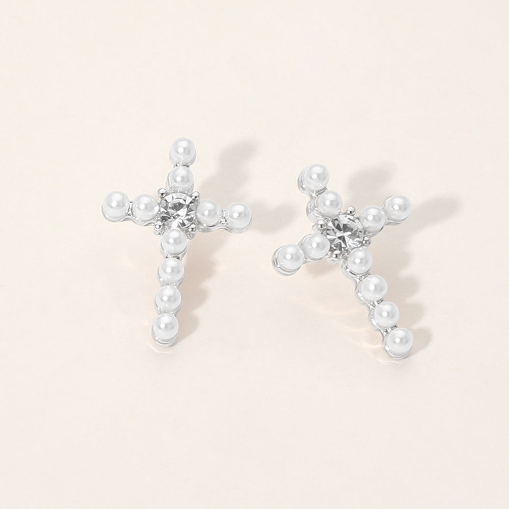 Madeline Love Silver, White Rhinestone Center Pearl Beaded Cross Stud Earrings