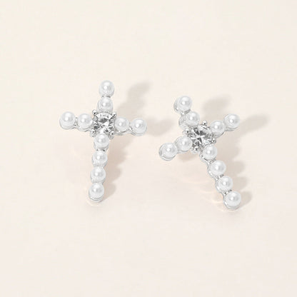 Madeline Love Silver, White Rhinestone Center Pearl Beaded Cross Stud Earrings