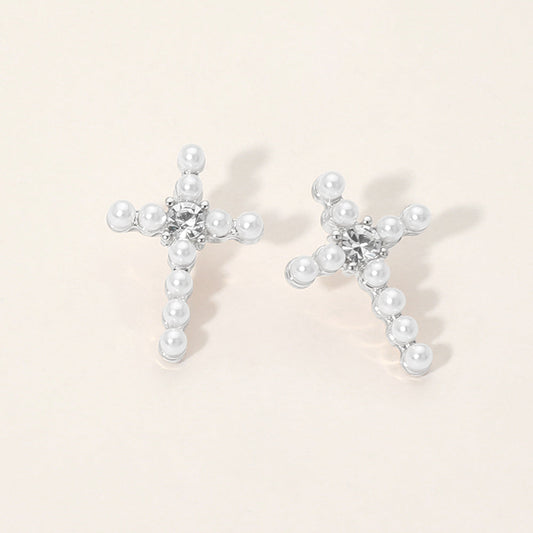 Madeline Love Silver, White Rhinestone Center Pearl Beaded Cross Stud Earrings