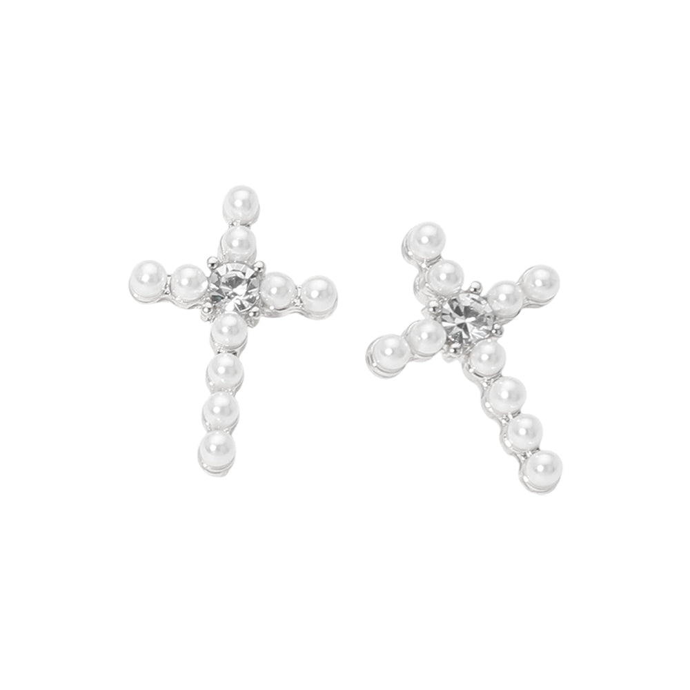 Madeline Love Silver, White Rhinestone Center Pearl Beaded Cross Stud Earrings - desc
