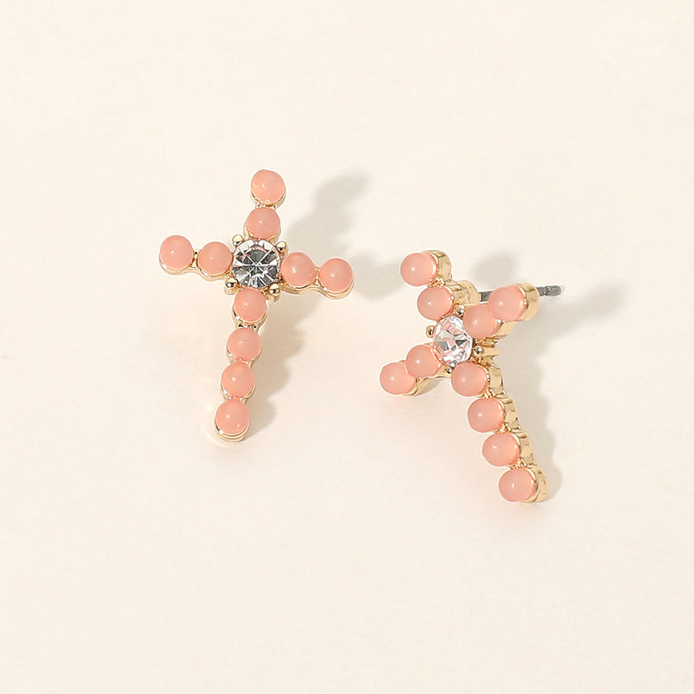 Madeline Love Gold, Rose Rhinestone Center Beaded Cross Stud Earrings